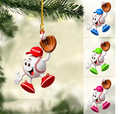 Personalized Baseball Christmas Ornament, Happy Mascot Catching Ball In Glove, Custom Ornament Christmas Gift, Keychain Baseball, Car Ornament Baseball