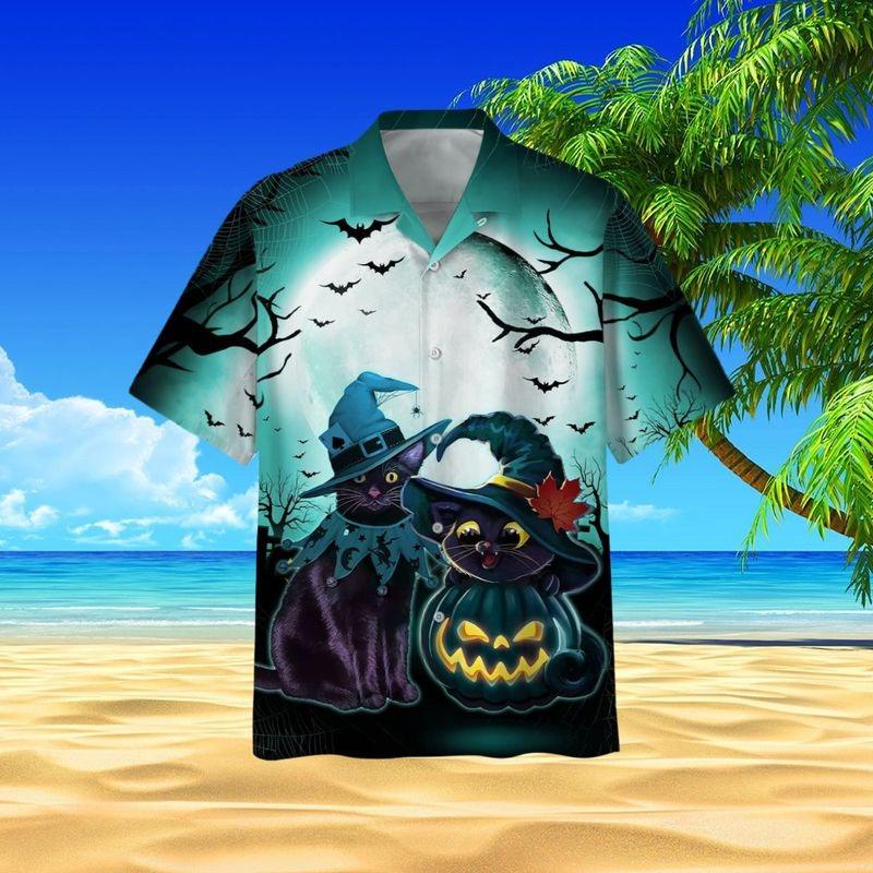 Halloween Aloha Hawaiian Shirt - Halloween Witch Black Cat Pattern Hawaiian Shirt, Halloween Pattern Hawaiian Shirt For Men & Women, Black Cat Lover - Amzanimalsgift