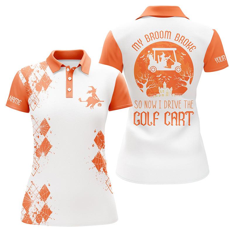 Halloween Golf Custom Name Women Polo Shirt, My Broom Broke So Now I Drive The Golf Cart Personalized Orange Women Polo Shirts, Gift For Golfers - Amzanimalsgift