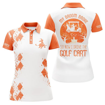 Halloween Golf Custom Name Women Polo Shirt, My Broom Broke So Now I Drive The Golf Cart Personalized Orange Women Polo Shirts, Gift For Golfers - Amzanimalsgift