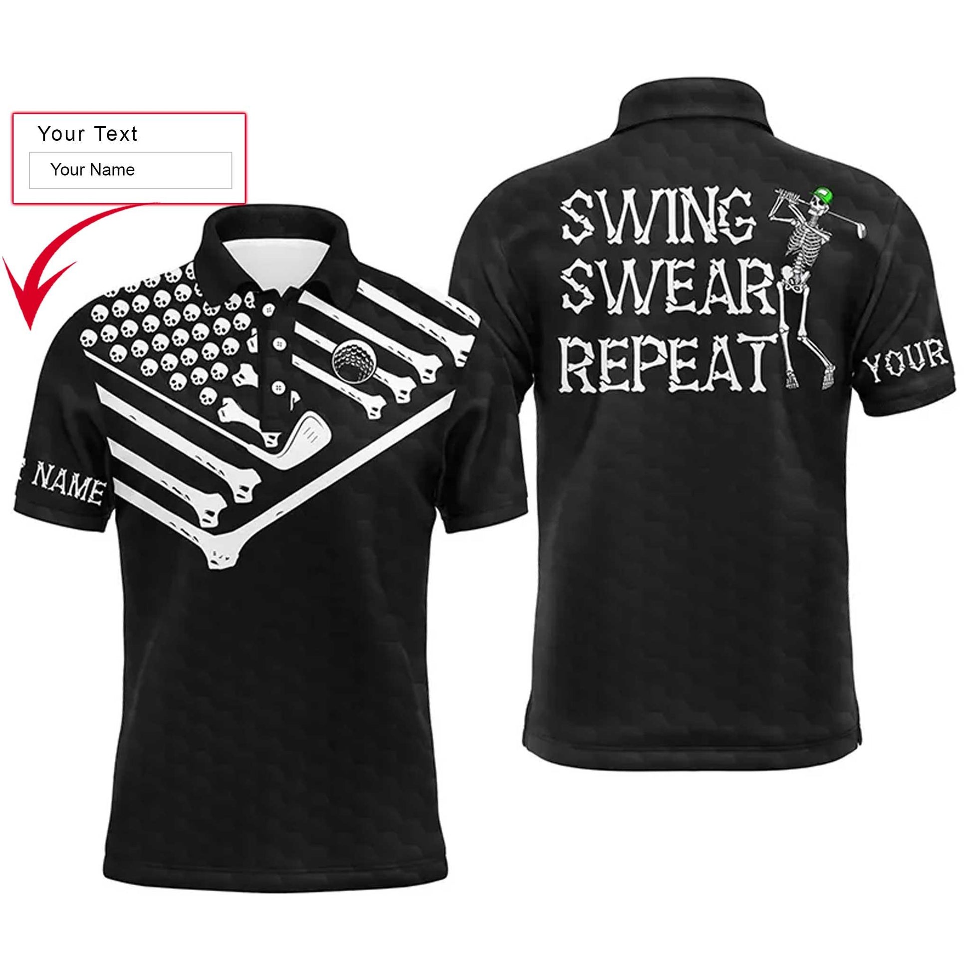 Halloween Golf Men Polo Shirt - Skeleton American Flag Custom Name Black White Apparel - Swing Swear Repeat - Personalized Gift For Golf Lover, Men - Amzanimalsgift