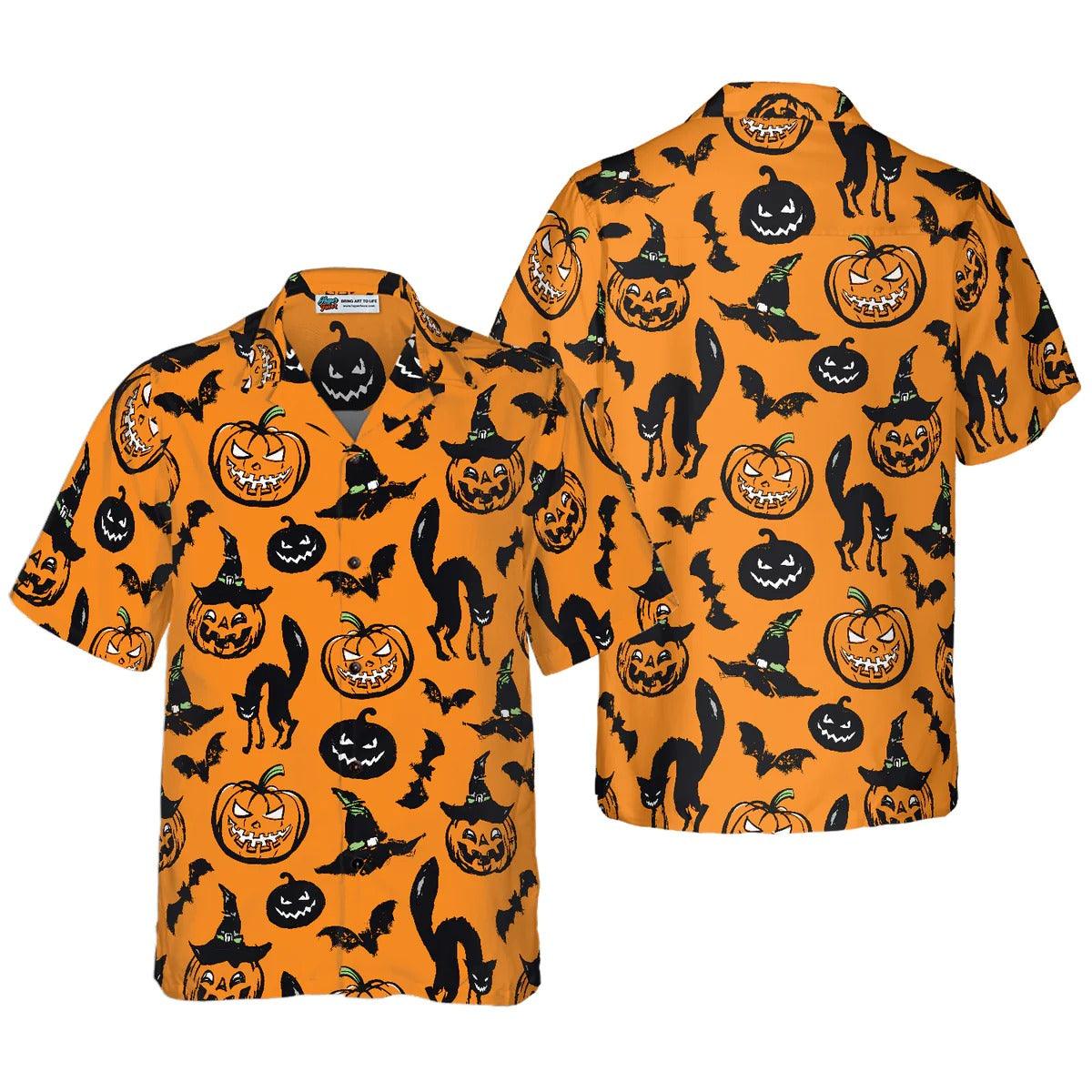 Halloween Hawaiian Shirt, Bat, Pumpkin And Black Cat Hawaiian Shirt - Perfect Gift For Lover, Friend, Family - Amzanimalsgift