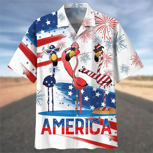 Happy Independence Day Flamingo Aloha Hawaiian Shirts For Summer, 4th of July America Flamingo Hawaiian Shirt For Men Women, Gift For Flamingo Lovers - Amzanimalsgift