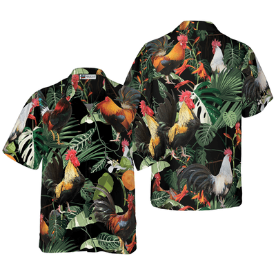 Happy Rooster Hawaiian Shirt, Tropical Leaves Rooster Aloha Shirt For Men - Perfect Gift For Rooster Lovers, Husband, Boyfriend, Friend, Family - Amzanimalsgift