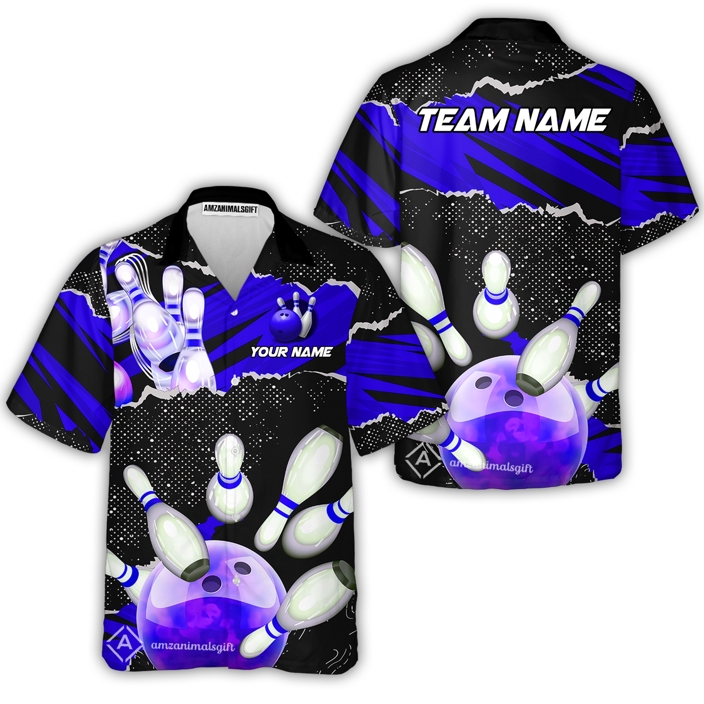 Personalized Bowling Button Up Shirt, Bowling Hawaiian Shirt Ball & Pins Sport Pattern Custom Name And Team Name For Bowler