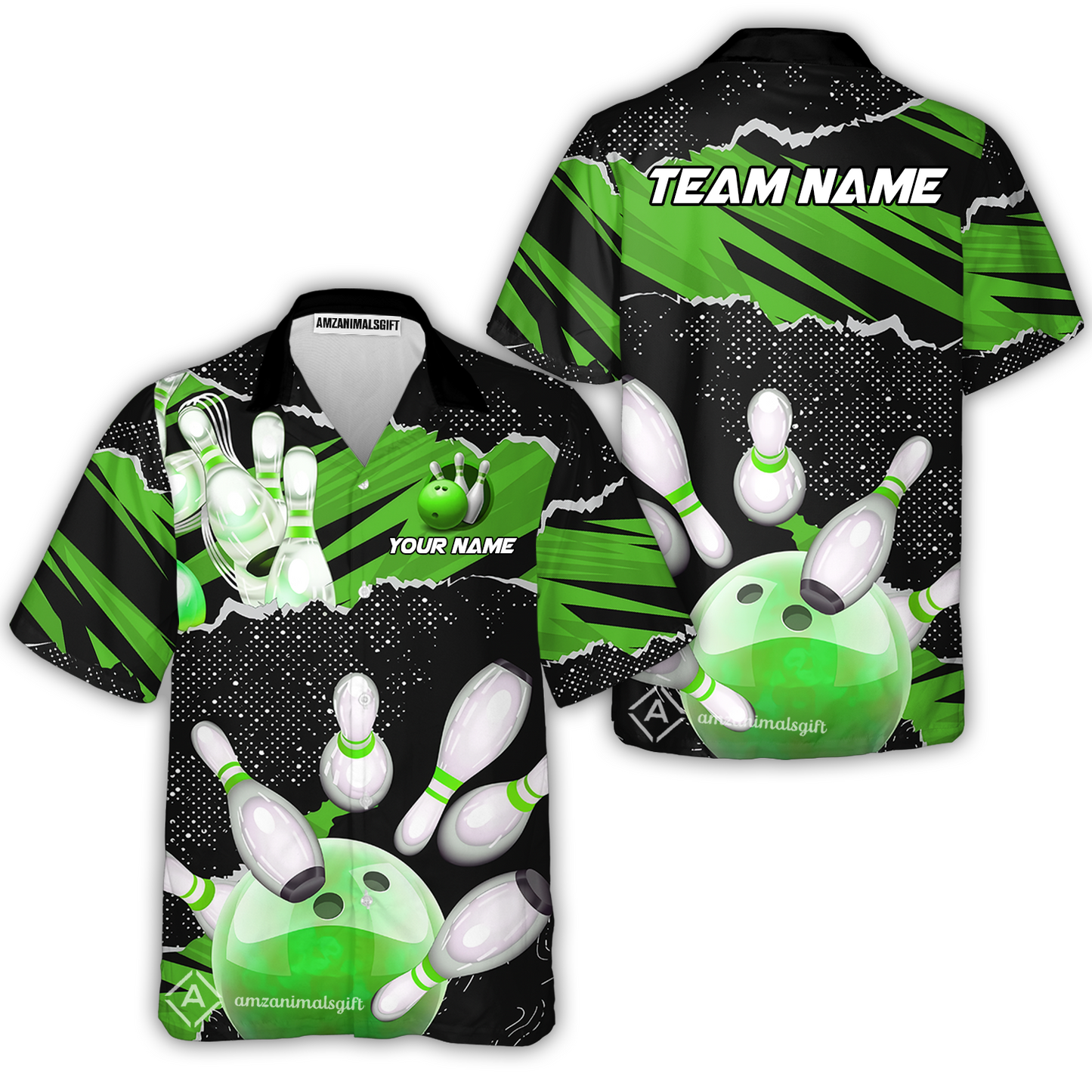 Personalized Bowling Button Up Shirt, Bowling Hawaiian Shirt Ball & Pins Sport Pattern Custom Name And Team Name For Bowler