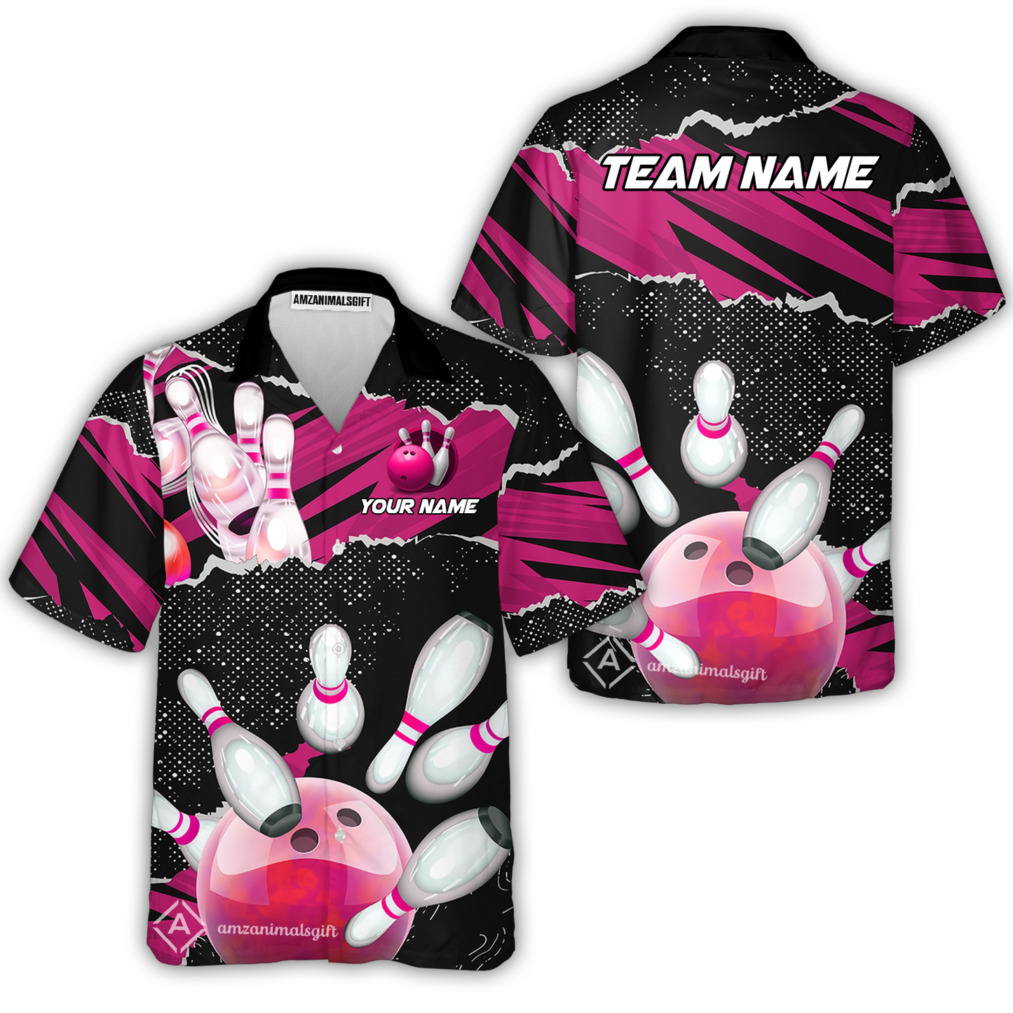 Personalized Bowling Button Up Shirt, Bowling Hawaiian Shirt Ball & Pins Sport Pattern Custom Name And Team Name For Bowler