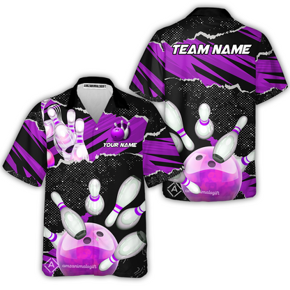 Personalized Bowling Button Up Shirt, Bowling Hawaiian Shirt Ball & Pins Sport Pattern Custom Name And Team Name For Bowler