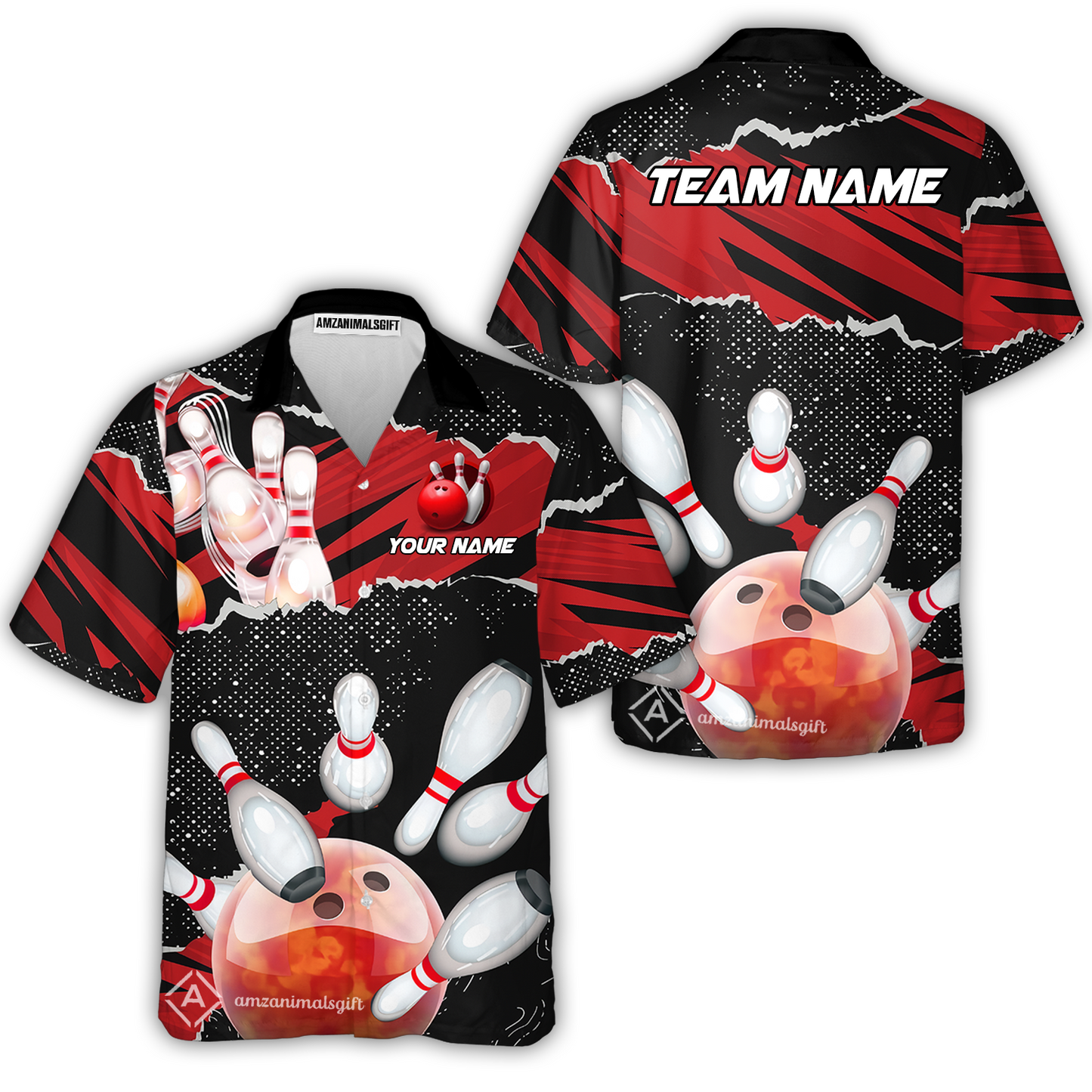 Personalized Bowling Button Up Shirt, Bowling Hawaiian Shirt Ball & Pins Sport Pattern Custom Name And Team Name For Bowler
