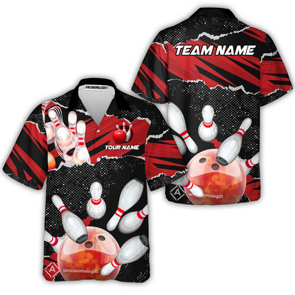 Personalized Bowling Button Up Shirt, Bowling Hawaiian Shirt Ball & Pins Sport Pattern Custom Name And Team Name For Bowler