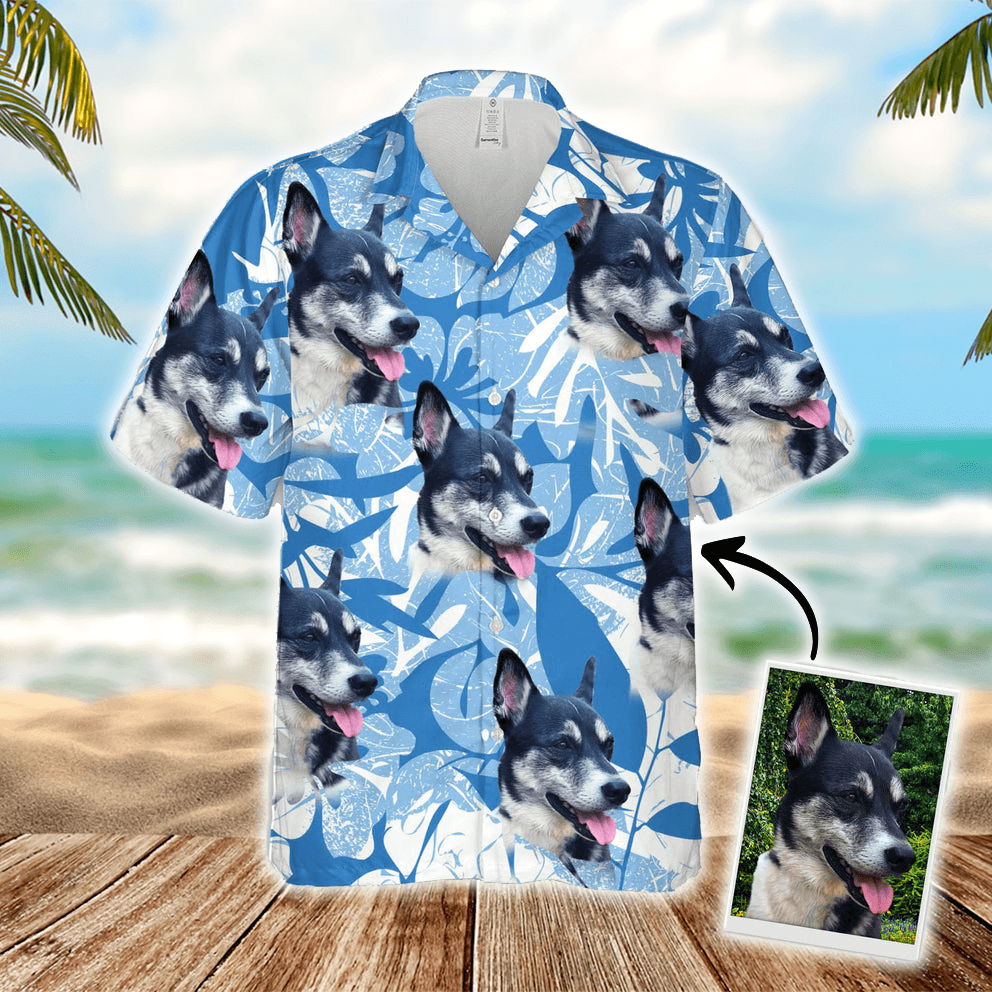 Hawaiian Shirt With My Dogs Face - Leaves & Flowers Pattern Blue Color Aloha Shirt - Personalized Hawaiian Shirt For Men & Women, Pet Lovers - Amzanimalsgift