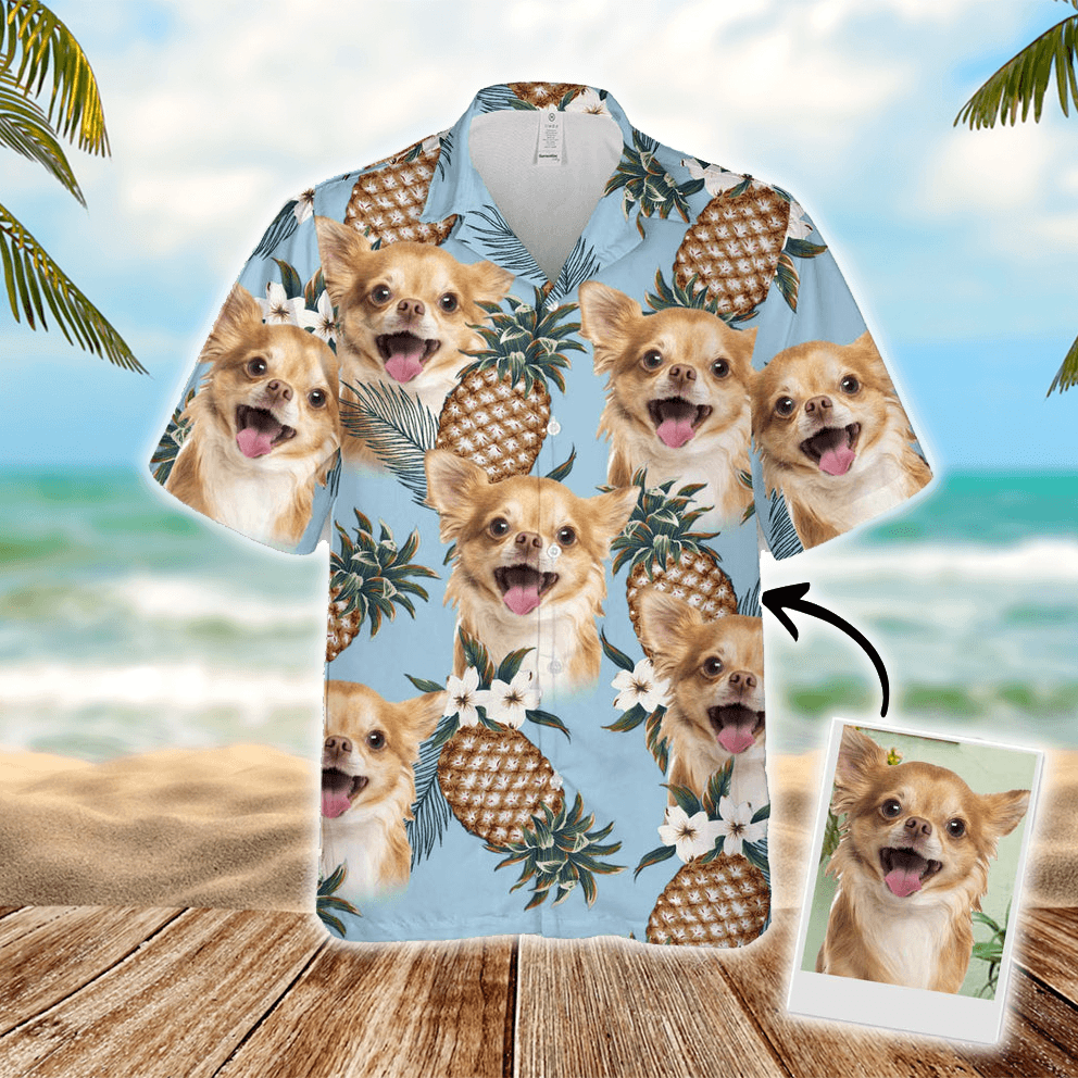 Hawaiian Shirt With Your Dog's Face - Pineapple Pattern Light Blue Color Aloha Shirt - Personalized Hawaiian Shirt For Men & Women, Pet Lovers - Amzanimalsgift