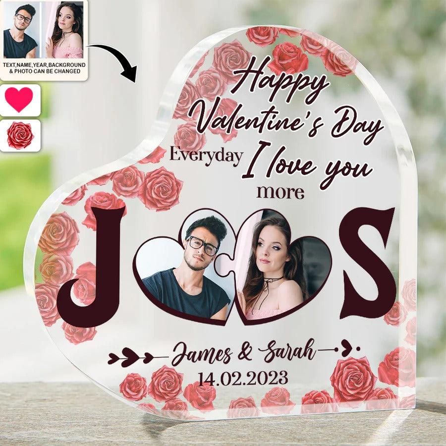 Heart Shaped Acrylic Plaque For Couple - Happy Valentine's Day Everyday I Love You More Personalized Shaped Acrylic Plaque - Perfect Gift For Couple, Valentine - Amzanimalsgift