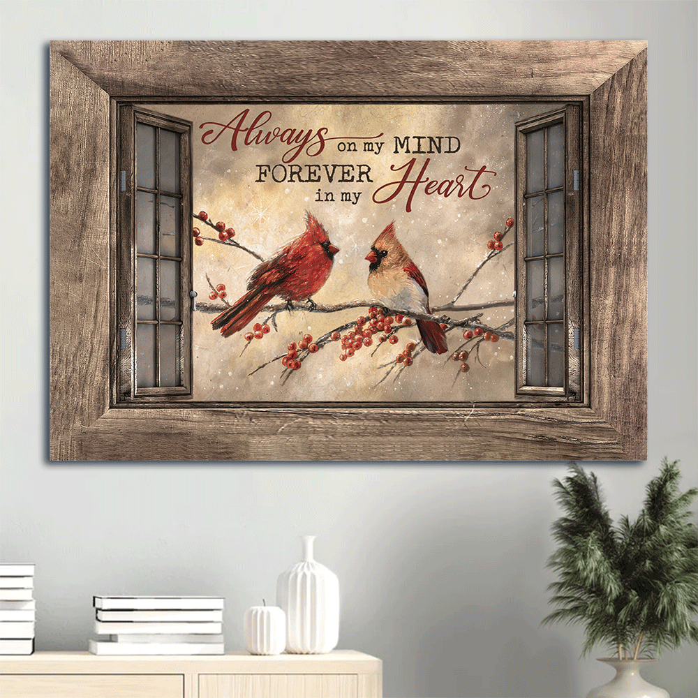 Heaven Landscape Canvas - Winter Painting, Cardinal Couple, Memorial Canvas - Memorial Gift For Member Family - Always On My Mind Forever In My Heart - Amzanimalsgift