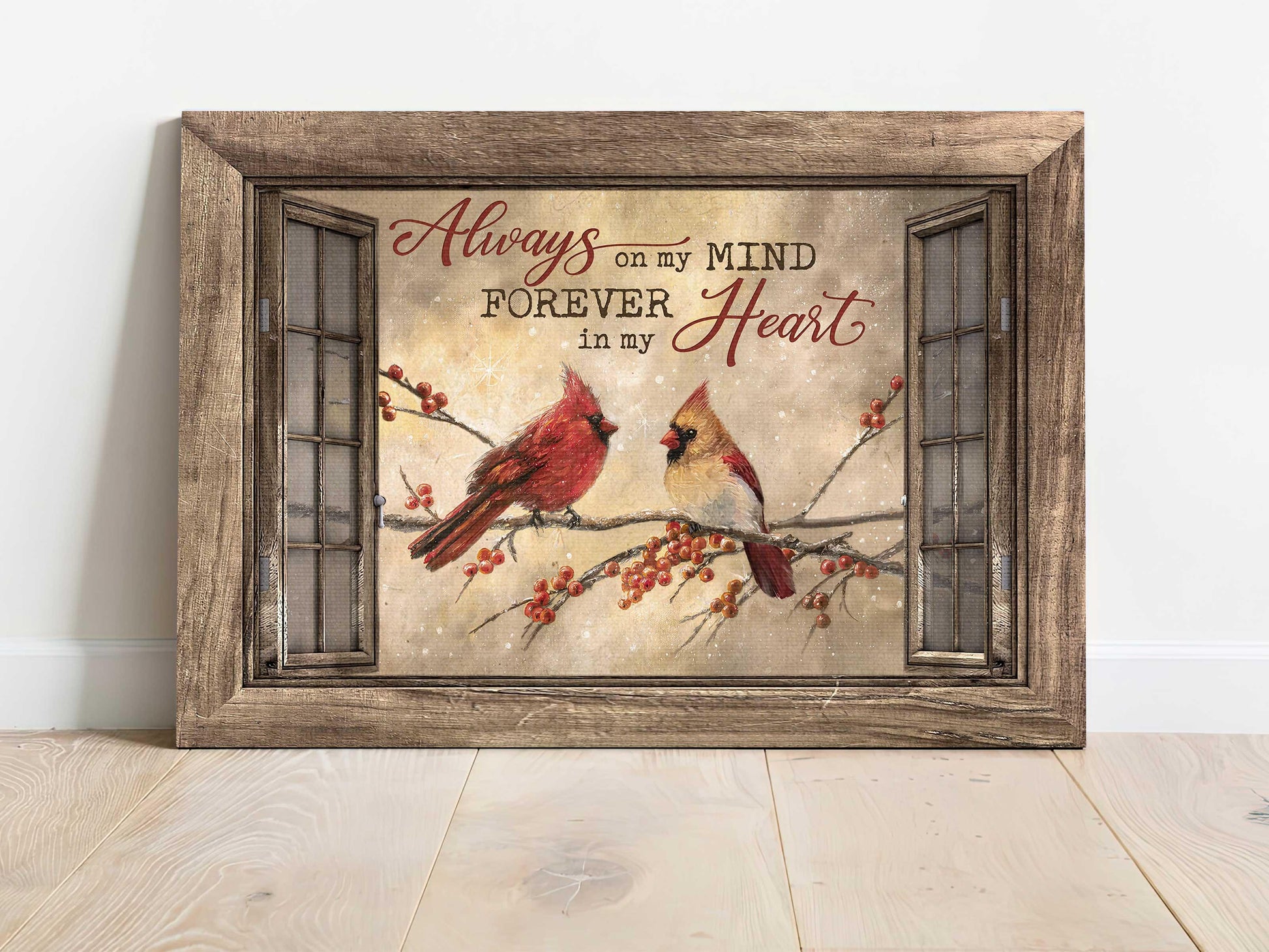 Heaven Landscape Canvas - Winter Painting, Cardinal Couple, Memorial Canvas - Memorial Gift For Member Family - Always On My Mind Forever In My Heart - Amzanimalsgift