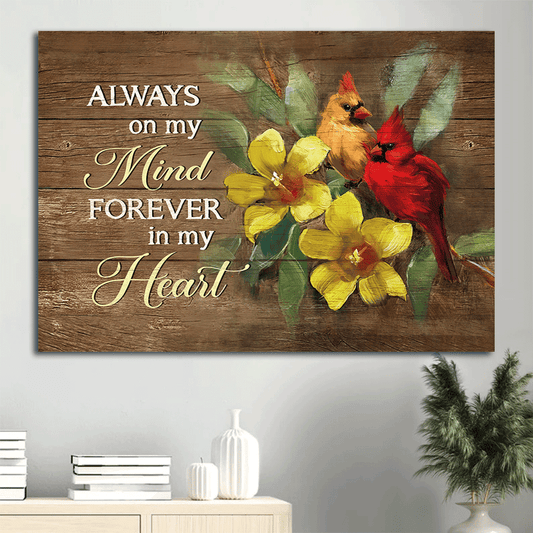 Heaven Landscape Canvas - Yellow Bell Flower, Watercolor Cardinal Memorial Canvas - Always On My Mind- Memorial Gift For Member Family - Amzanimalsgift