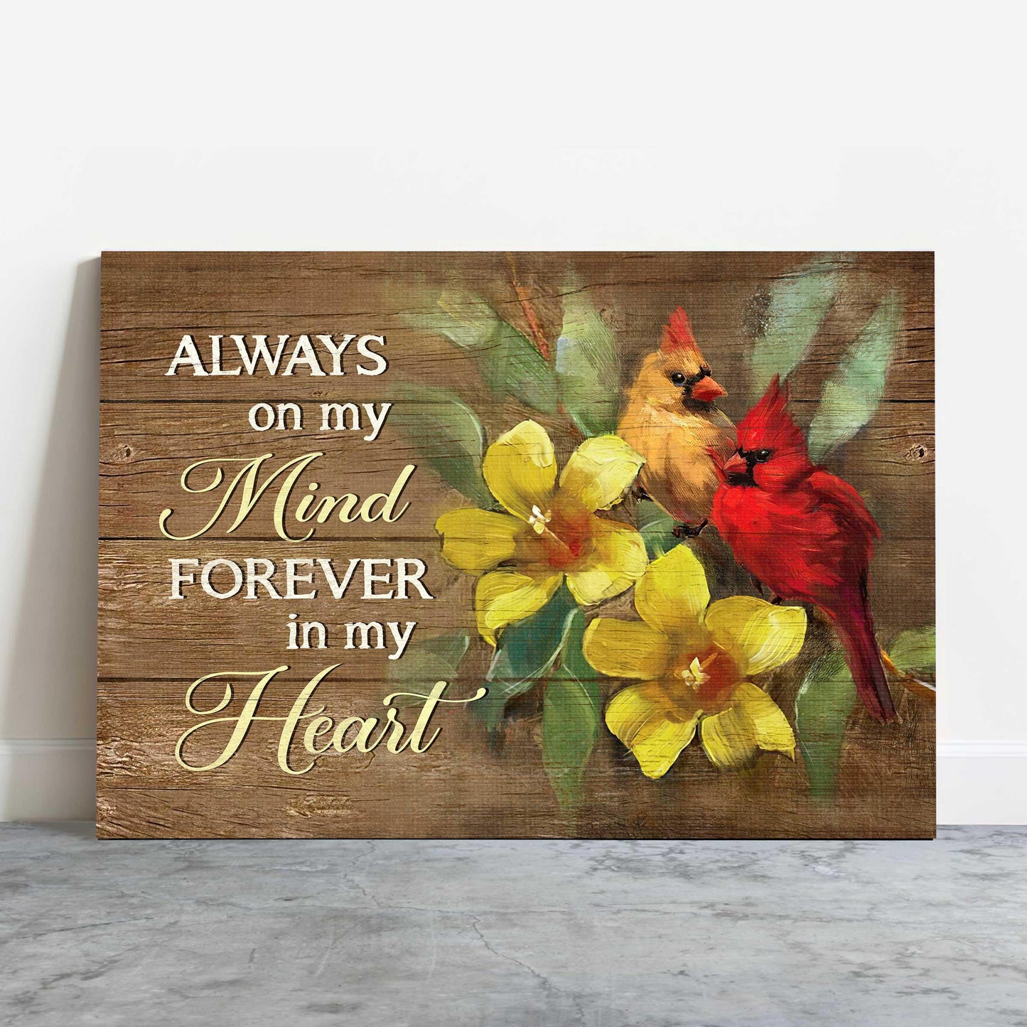 Heaven Landscape Canvas - Yellow Bell Flower, Watercolor Cardinal Memorial Canvas - Always On My Mind- Memorial Gift For Member Family - Amzanimalsgift