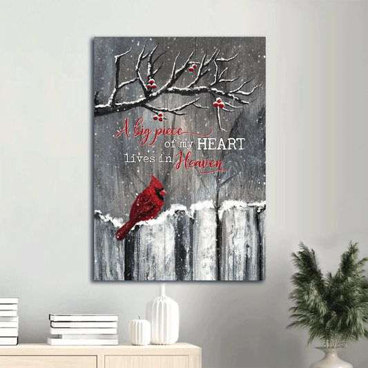 Heaven Portrait Canvas - Winter Garden, Cardinal Painting Memorial Canvas - Memorial Gift For Member Family - A Big Piece Of My Heart Lives In Heaven - Amzanimalsgift