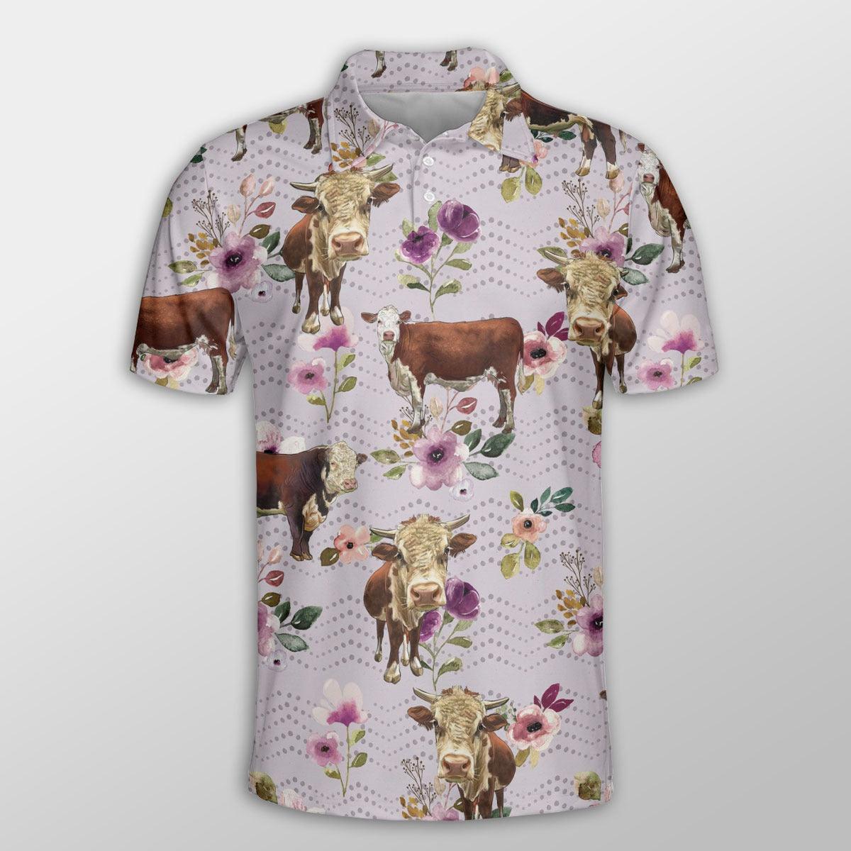Hereford Men Polo Shirt For Summer - Hereford Autumn Amethyst Boho Floral Pattern Button Shirt For Men - Perfect Gift For Hereford Lovers, Cattle Lovers - Amzanimalsgift