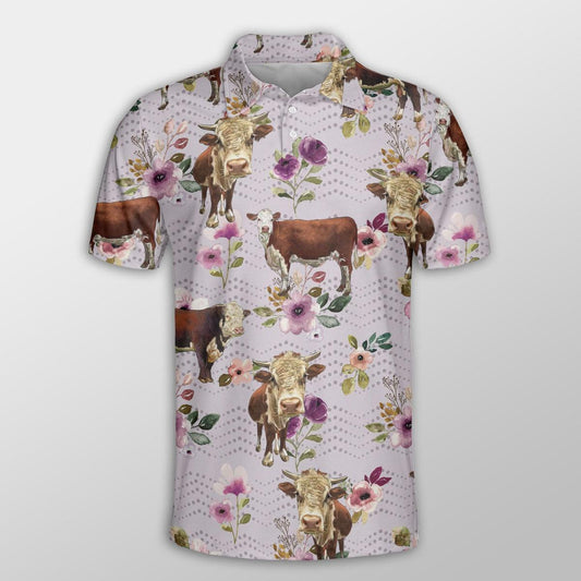 Hereford Men Polo Shirt For Summer - Hereford Autumn Amethyst Boho Floral Pattern Button Shirt For Men - Perfect Gift For Hereford Lovers, Cattle Lovers - Amzanimalsgift