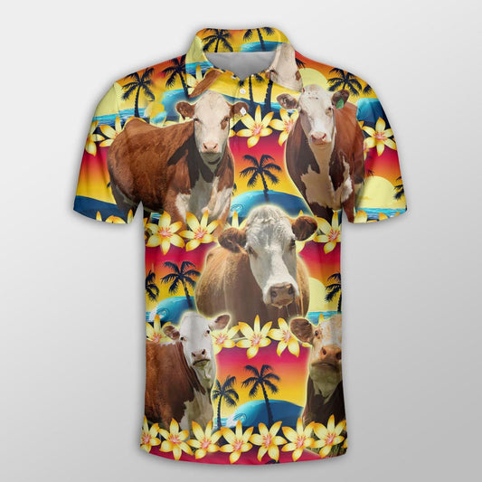 Hereford Men Polo Shirt For Summer - Hereford Beach Sunset Pattern Button Shirt For Men - Perfect Gift For Hereford Lovers, Cattle Lovers - Amzanimalsgift