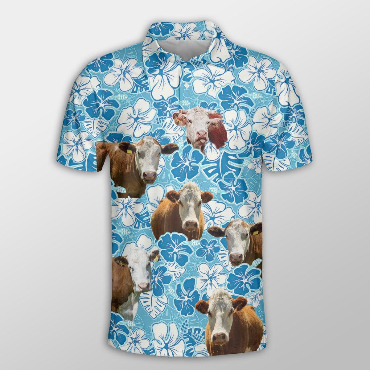Hereford Men Polo Shirt For Summer - Hereford Blue Floral Pattern Button Shirt For Men - Perfect Gift For Hereford Lovers, Cattle Lovers - Amzanimalsgift