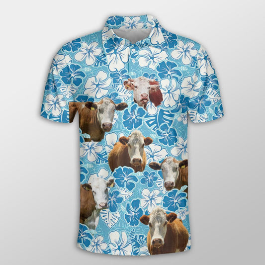 Hereford Men Polo Shirt For Summer - Hereford Blue Floral Pattern Button Shirt For Men - Perfect Gift For Hereford Lovers, Cattle Lovers - Amzanimalsgift