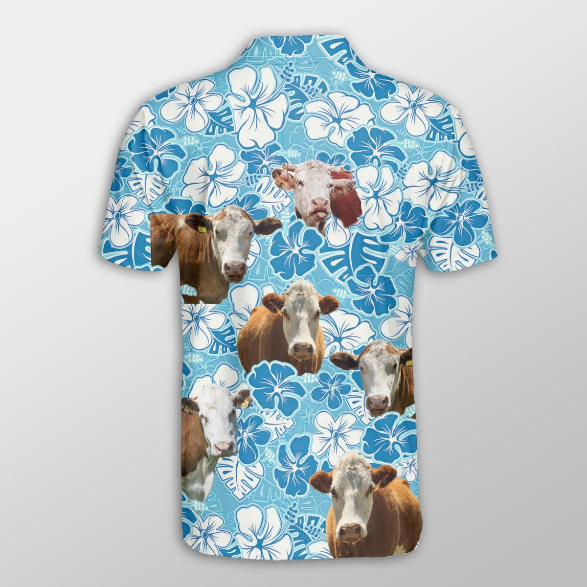 Hereford Men Polo Shirt For Summer - Hereford Blue Floral Pattern Button Shirt For Men - Perfect Gift For Hereford Lovers, Cattle Lovers - Amzanimalsgift