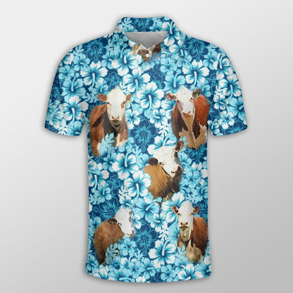 Hereford Men Polo Shirt For Summer - Hereford Blue Hibiscus Pattern Button Shirt For Men - Perfect Gift For Hereford Lovers, Cattle Lovers - Amzanimalsgift