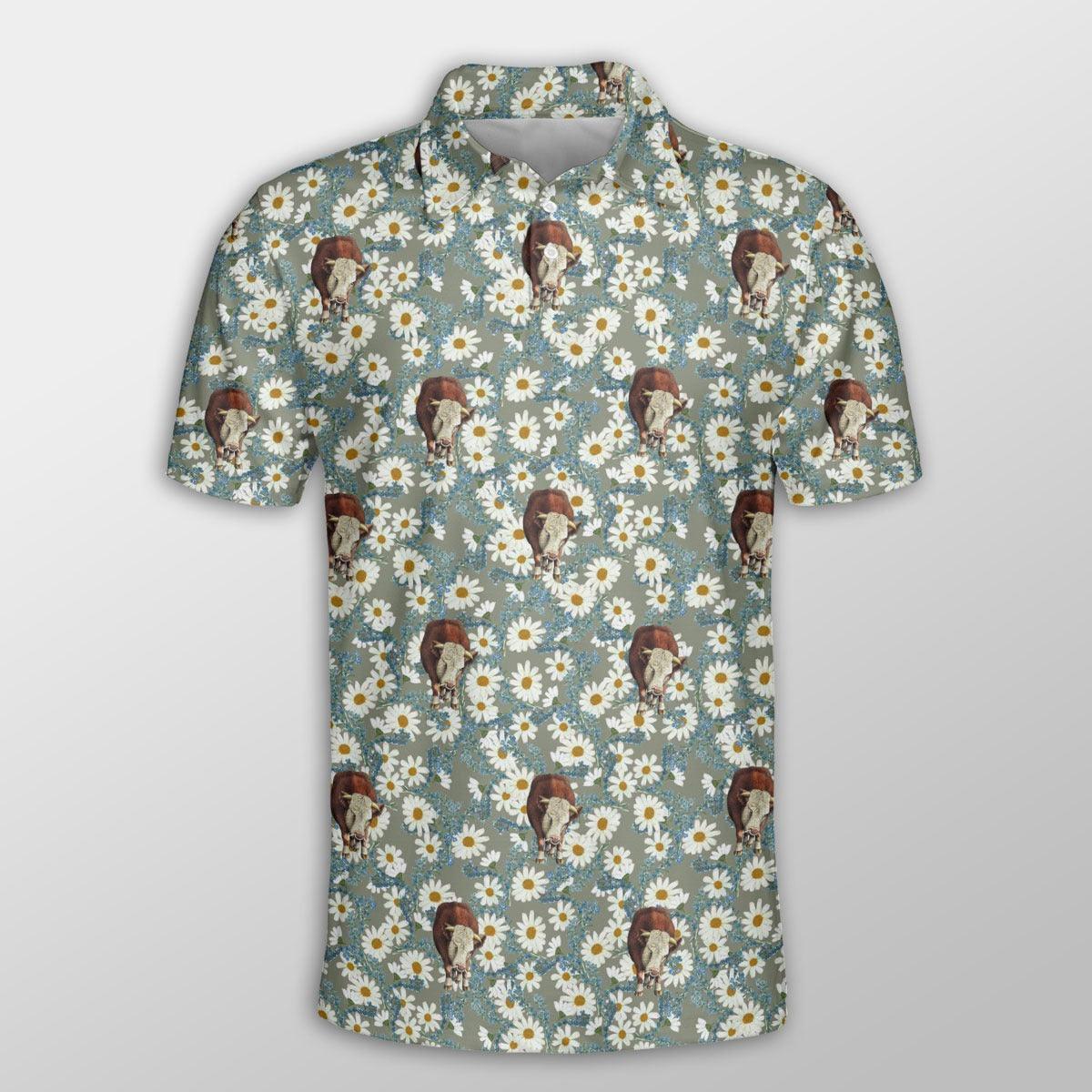 Hereford Men Polo Shirt For Summer - Hereford Camomilles Flower Grey Pattern Button Shirt For Men - Perfect Gift For Hereford Lovers, Cattle Lovers - Amzanimalsgift