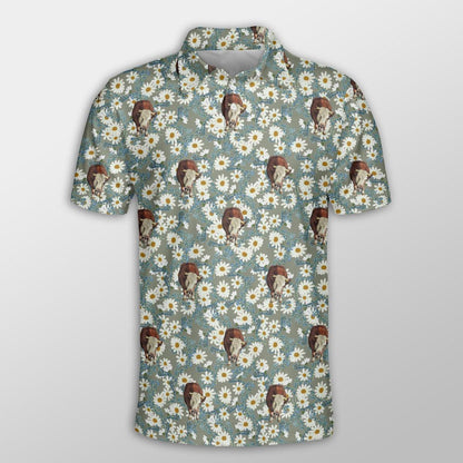 Hereford Men Polo Shirt For Summer - Hereford Camomilles Flower Grey Pattern Button Shirt For Men - Perfect Gift For Hereford Lovers, Cattle Lovers - Amzanimalsgift
