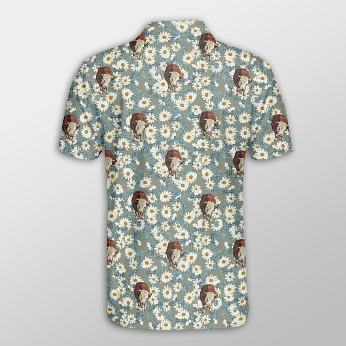 Hereford Men Polo Shirt For Summer - Hereford Camomilles Flower Grey Pattern Button Shirt For Men - Perfect Gift For Hereford Lovers, Cattle Lovers - Amzanimalsgift