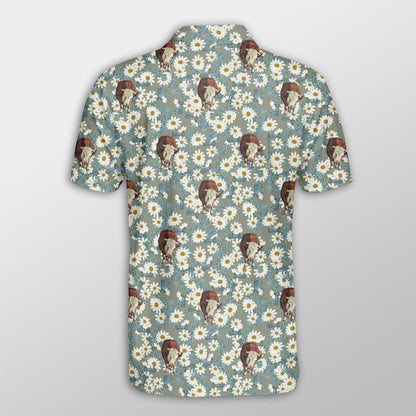 Hereford Men Polo Shirt For Summer - Hereford Camomilles Flower Grey Pattern Button Shirt For Men - Perfect Gift For Hereford Lovers, Cattle Lovers - Amzanimalsgift