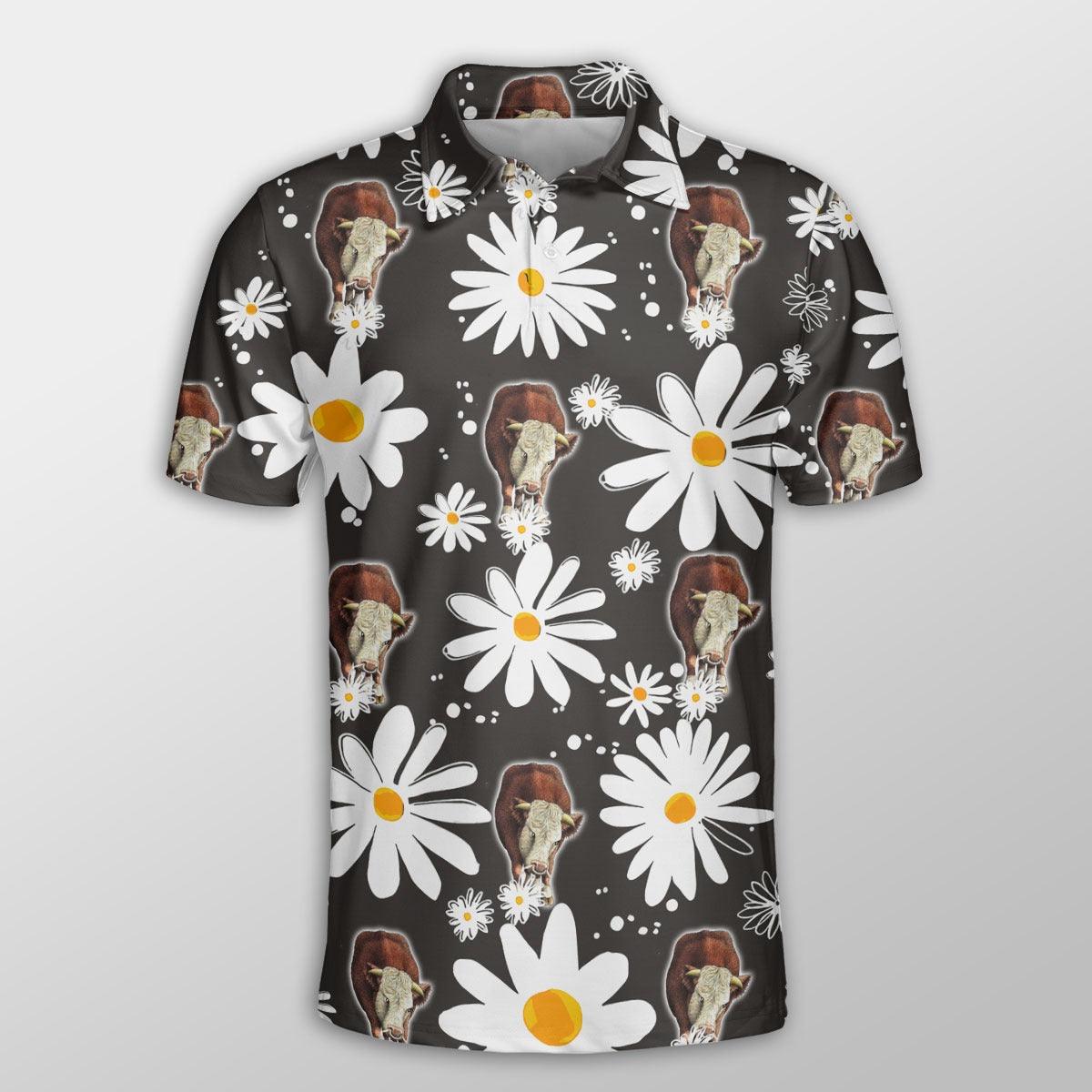Hereford Men Polo Shirt For Summer - Hereford Daisy Flower Pattern Button Shirt For Men - Perfect Gift For Hereford Lovers, Cattle Lovers - Amzanimalsgift
