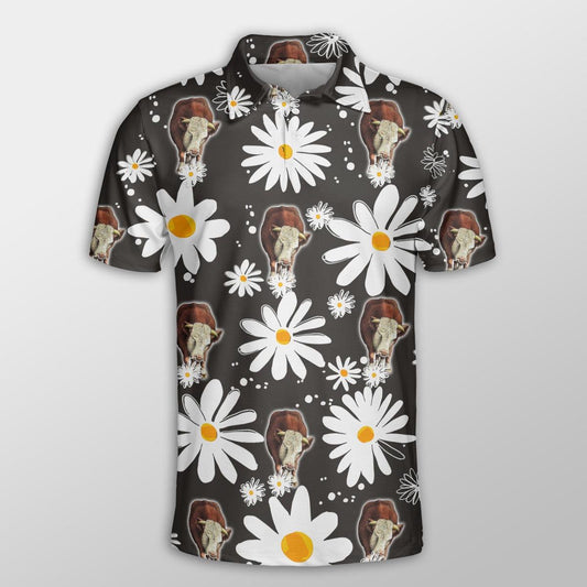 Hereford Men Polo Shirt For Summer - Hereford Daisy Flower Pattern Button Shirt For Men - Perfect Gift For Hereford Lovers, Cattle Lovers - Amzanimalsgift