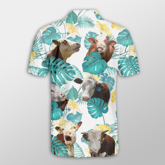 Hereford Men Polo Shirt For Summer - Hereford In Tropical Leaves Pattern Button Shirt For Men - Perfect Gift For Hereford Lovers, Animal Lovers - Amzanimalsgift
