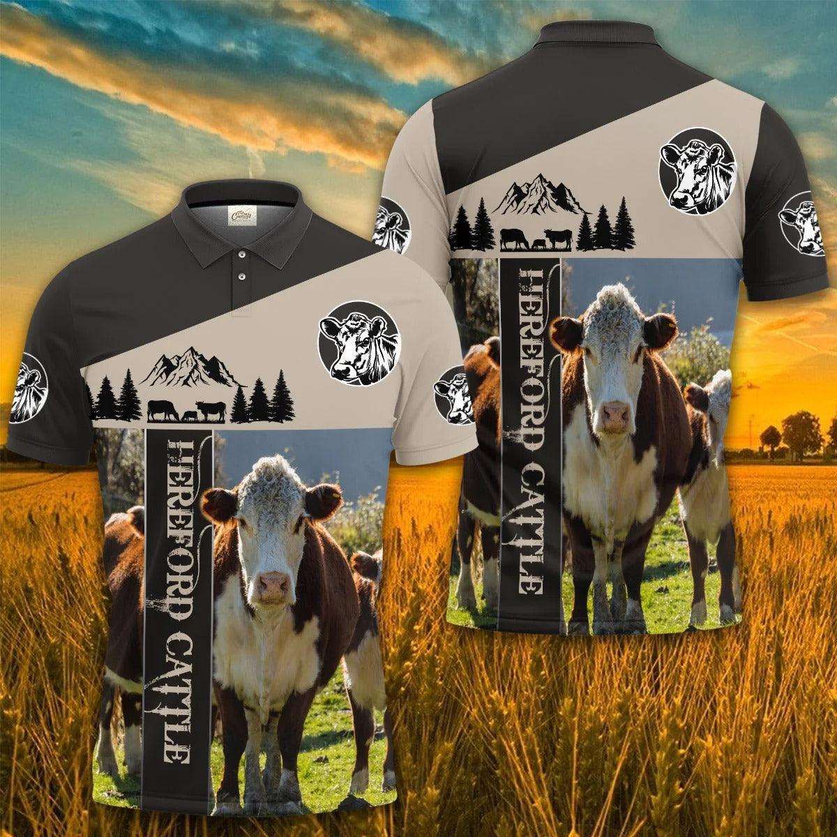 Hereford Men Polo Shirt For Summer - Hereford Proud Farmer Polo Shirt For Men - Perfect Gift For Hereford Lovers, Cattle Lovers - Amzanimalsgift