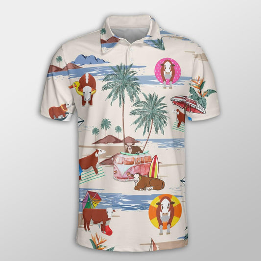 Hereford Men Polo Shirt For Summer - Hereford Summer Beach Pattern Button Shirt For Men - Perfect Gift For Hereford Lovers, Cattle Lovers - Amzanimalsgift