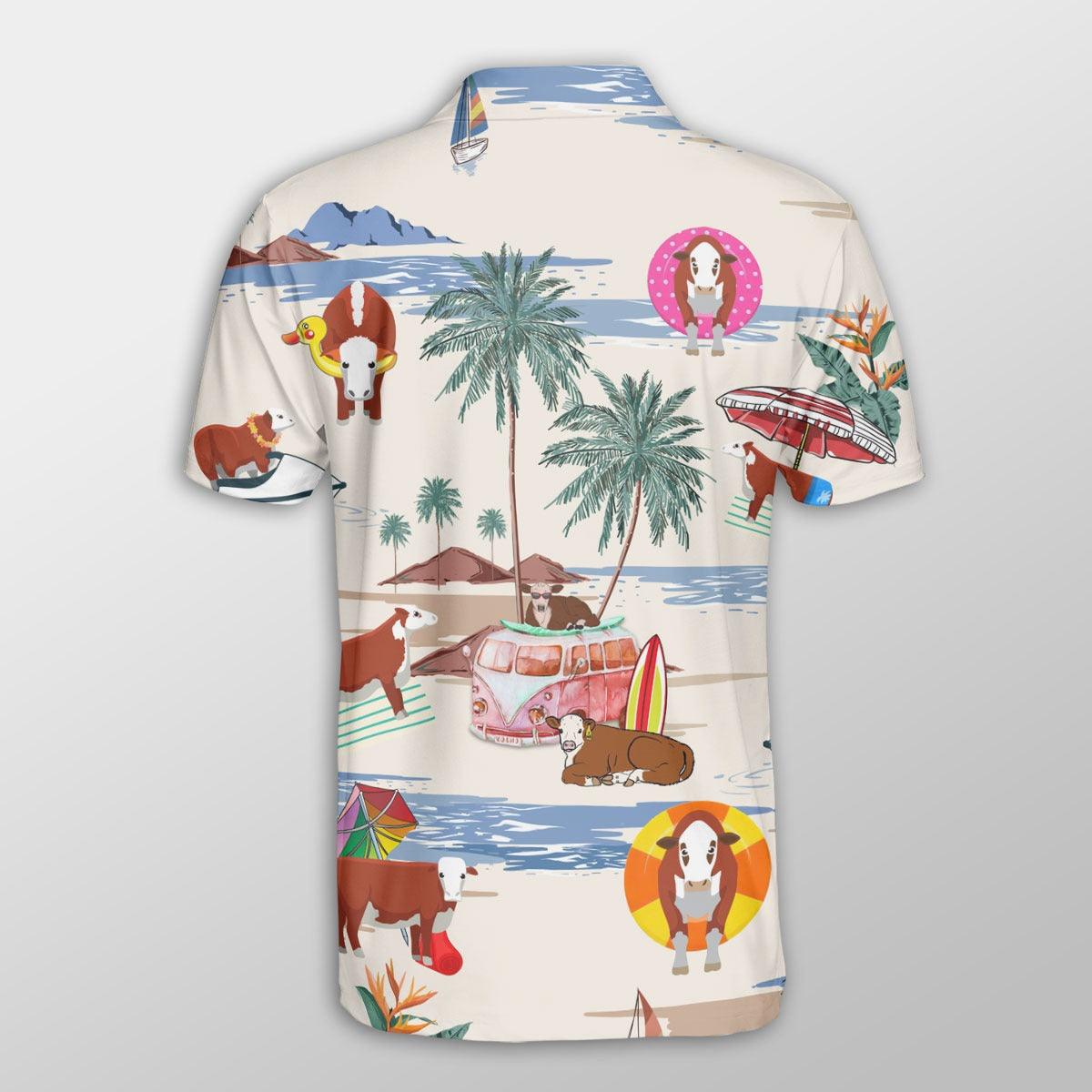 Hereford Men Polo Shirt For Summer - Hereford Summer Beach Pattern Button Shirt For Men - Perfect Gift For Hereford Lovers, Cattle Lovers - Amzanimalsgift