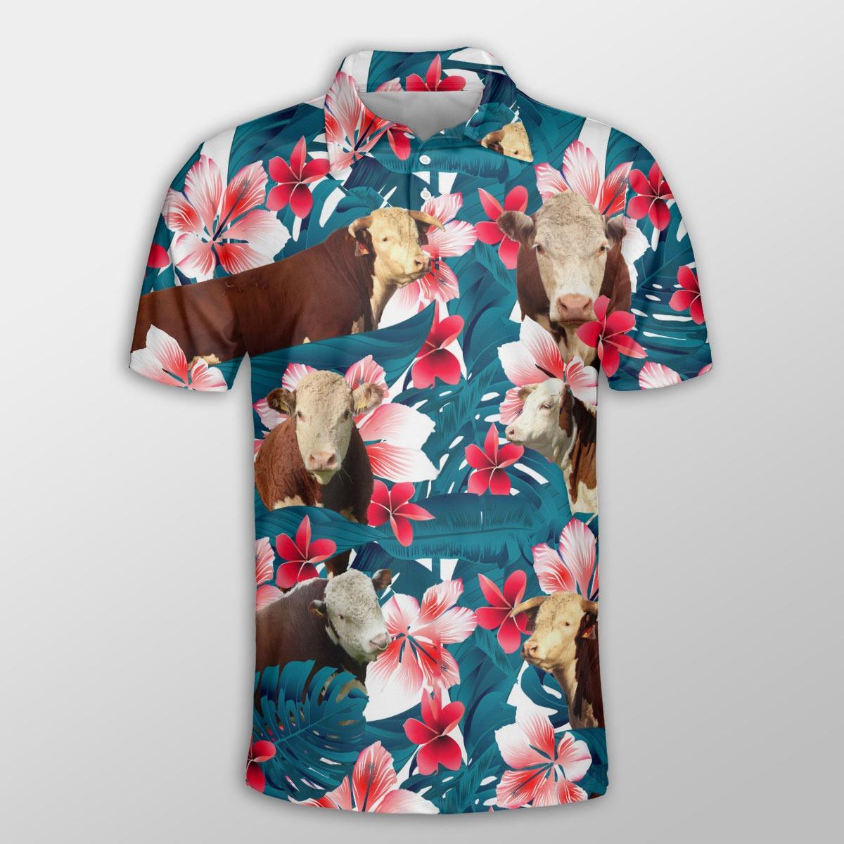 Hereford Men Polo Shirt For Summer - Hereford Tropical Floral Pattern Farm Lovers Button Shirt For Men - Perfect Gift For Hereford Lovers, Cattle Lovers - Amzanimalsgift