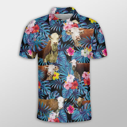 Hereford Men Polo Shirt For Summer - Hereford Tropical Flowers Leaves Pattern Button Shirt For Men - Perfect Gift For Hereford Lovers, Cattle Lovers - Amzanimalsgift