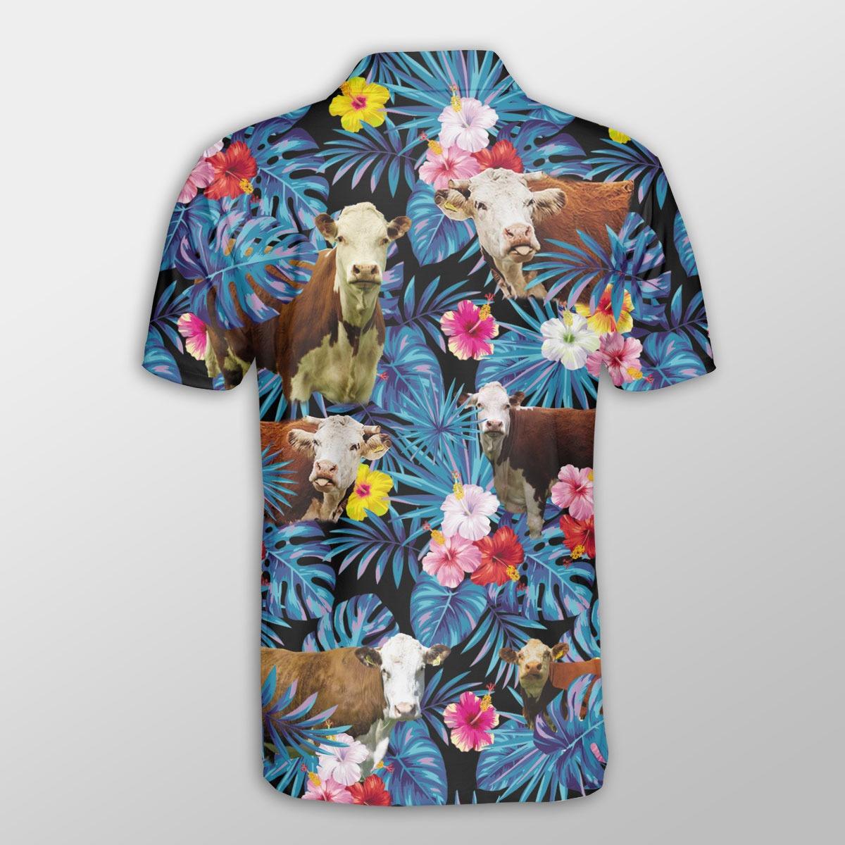 Hereford Men Polo Shirt For Summer - Hereford Tropical Flowers Leaves Pattern Button Shirt For Men - Perfect Gift For Hereford Lovers, Cattle Lovers - Amzanimalsgift