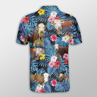 Hereford Men Polo Shirt For Summer - Hereford Tropical Flowers Leaves Pattern Button Shirt For Men - Perfect Gift For Hereford Lovers, Cattle Lovers - Amzanimalsgift