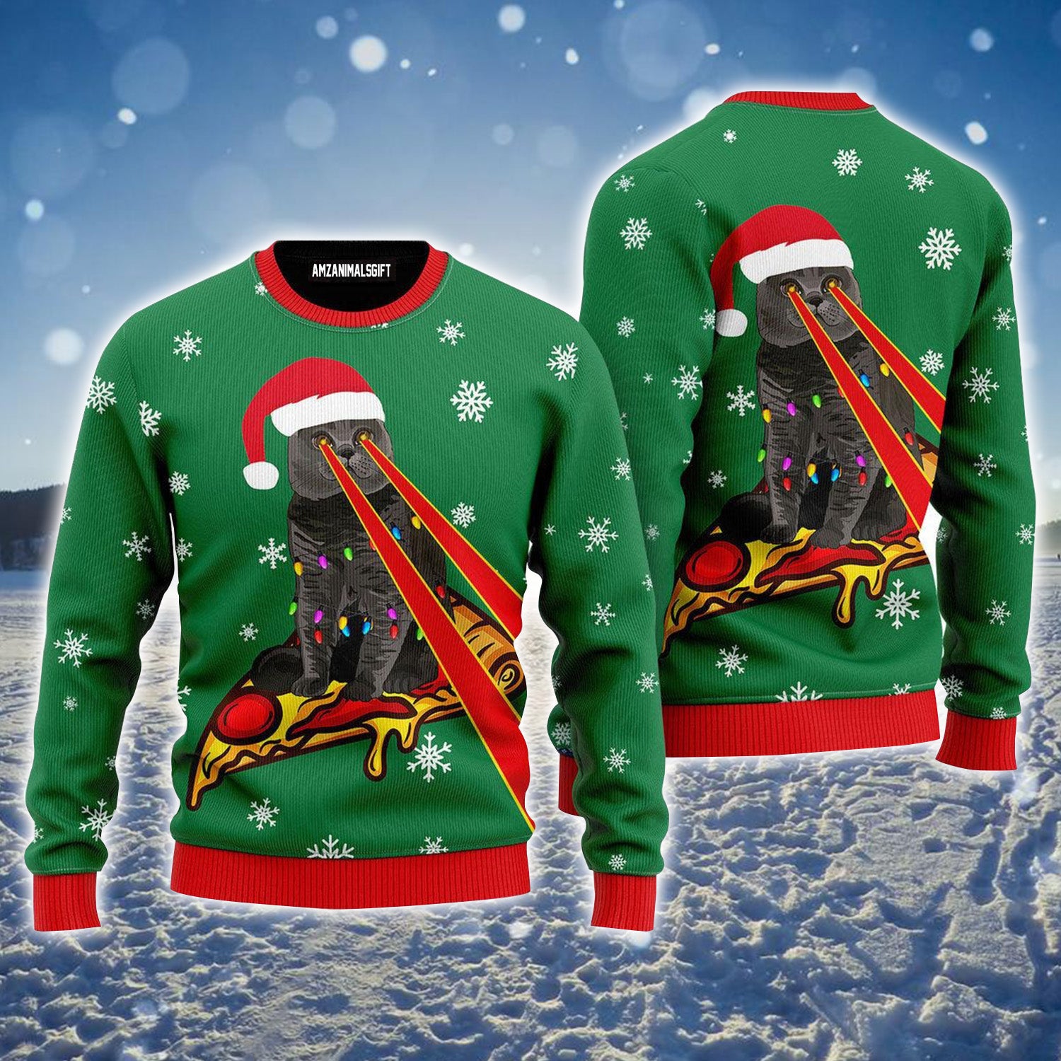 Pizza Cat Christmas Pattern Ugly Christmas Sweater For Men & Women, Perfect Outfit For Christmas New Year Autumn Winter