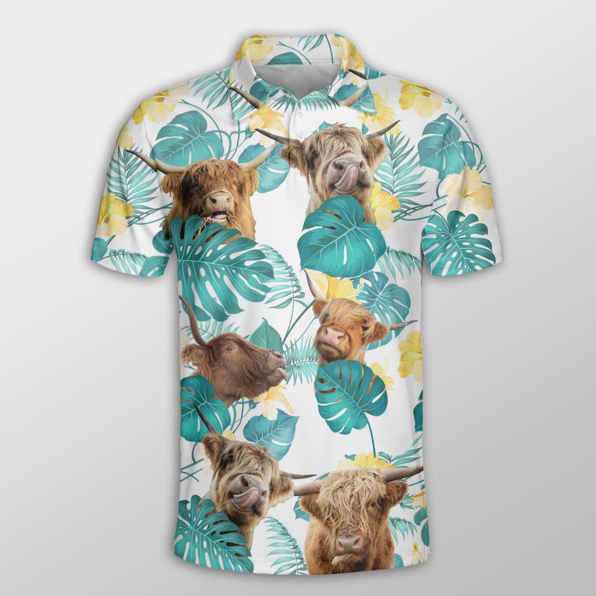 Highland Cattle Men Polo Shirt For Summer - Highland Cattle In Tropical Leaves Pattern Button Shirt For Men - Perfect Gift For Highland Cattle Lovers - Amzanimalsgift