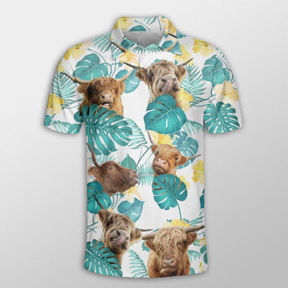 Highland Cattle Men Polo Shirt For Summer - Highland Cattle In Tropical Leaves Pattern Button Shirt For Men - Perfect Gift For Highland Cattle Lovers - Amzanimalsgift