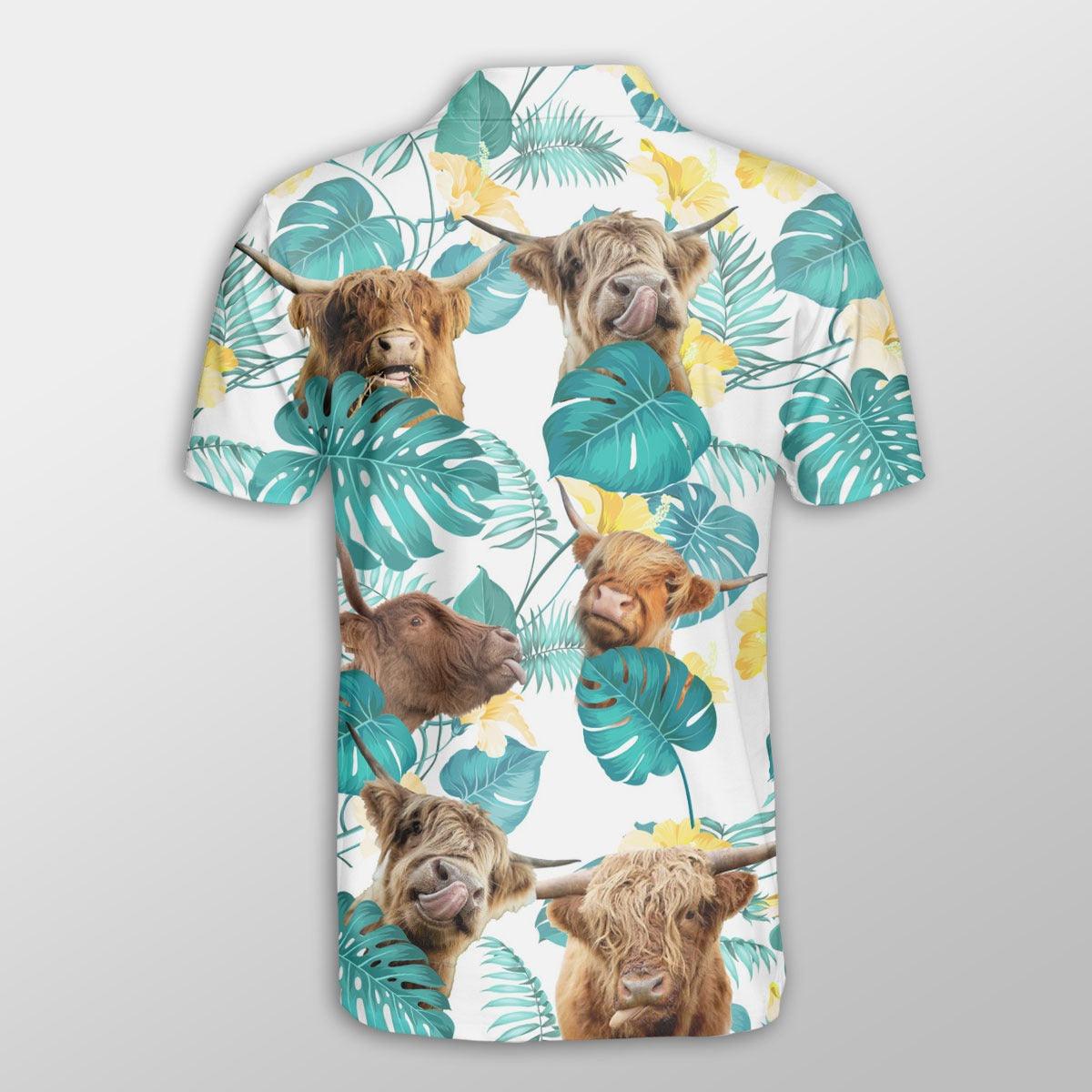 Highland Cattle Men Polo Shirt For Summer - Highland Cattle In Tropical Leaves Pattern Button Shirt For Men - Perfect Gift For Highland Cattle Lovers - Amzanimalsgift