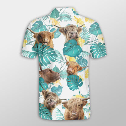 Highland Cattle Men Polo Shirt For Summer - Highland Cattle In Tropical Leaves Pattern Button Shirt For Men - Perfect Gift For Highland Cattle Lovers - Amzanimalsgift