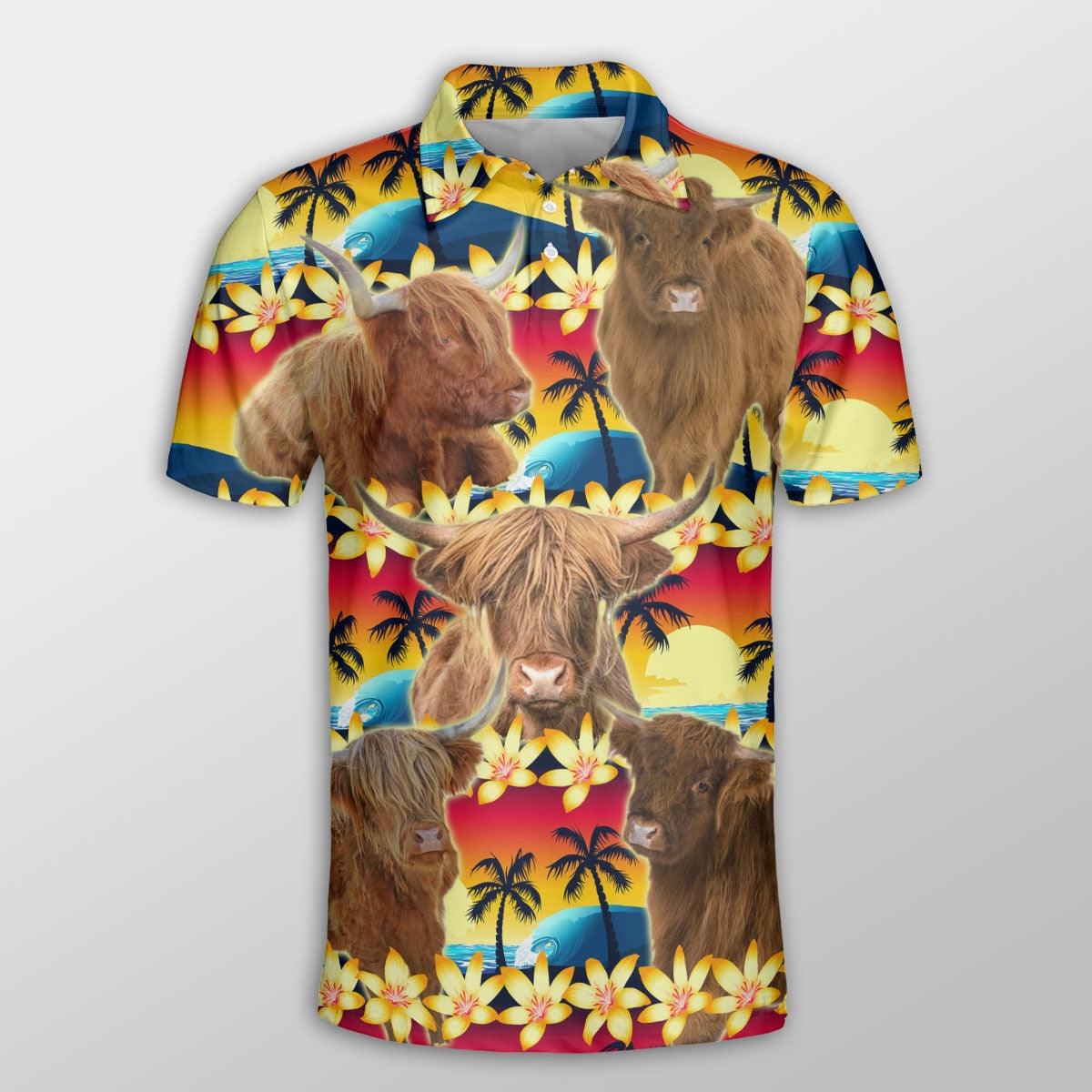 Highland Cattle Men Polo Shirts - Highland Cattle Beach Sunset Pattern Button Shirt For Men - Perfect Gift For Highland Cattle Lovers - Amzanimalsgift