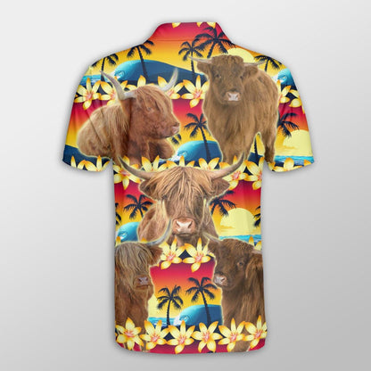 Highland Cattle Men Polo Shirts - Highland Cattle Beach Sunset Pattern Button Shirt For Men - Perfect Gift For Highland Cattle Lovers - Amzanimalsgift